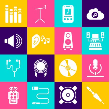 Ses ayarı, mikrofon, müzik stüdyosu, çalgıcı, kulaklık, ses sinyali, hoparlör sesi, eşitleyici ve Stereo hoparlör ikonu. Vektör