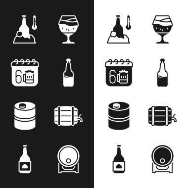 Plastik bira şişesi, Aziz Patrick günü takvimi, Cold, Glass of, Metal fıçı, tahta fıçı ve bira ikonu. Vektör