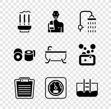 Tütsü çubukları, saunadaki adam, duş, banyo terazisi, sauna termometresi, merdivenli yüzme havuzu, tuvalet kağıdı rulosu ve küvet ikonu. Vektör