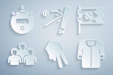 Beyzbol eldiveni, beyzbollu bayrak, oyunculardan oluşan takım, tişört, sopa ve Stopwatch ikonu. Vektör