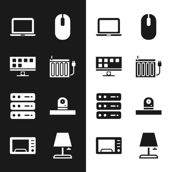Set Heating radiator, Smart Tv, Laptop, Computer mouse, Server, Data, Web Hosting, Security camera, Table lamp dan Microwave oven icon. Vektor - Stok Vektor