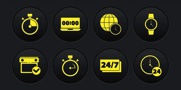 Set Kalender met vinkje, Polshorloge, Stopwatch, Klok 24 uur, Wereldtijd, op laptop, en pictogram. Vector — Stockvector