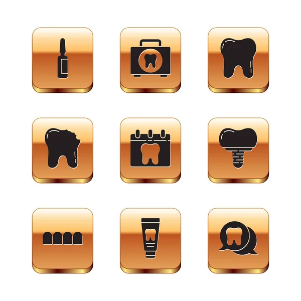 Set de pastillas para el dolor, modelo de prótesis dentales, tubo de pasta de dientes, calendario con, Broken, diente, y el icono del kit de primeros auxilios. Vector — Vector de stock