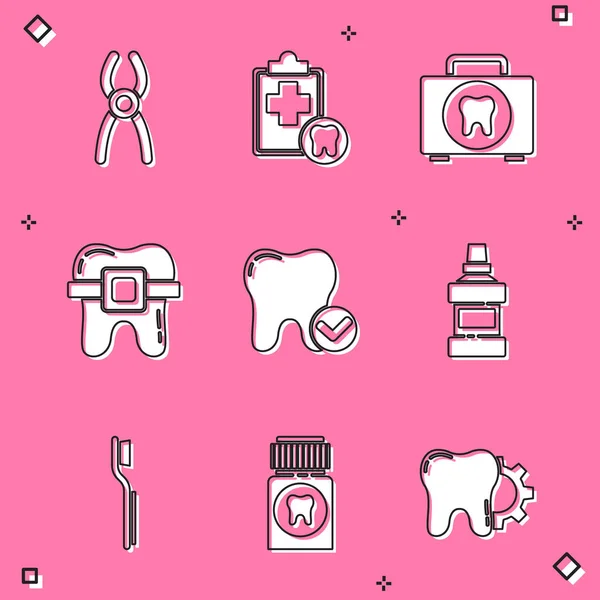 Set Alicates dentales, tarjeta, botiquín de primeros auxilios, dientes con tirantes, concepto de blanqueamiento dental, botella de enjuague bucal, cepillo de dientes e icono de la tableta analgésica. Vector — Vector de stock