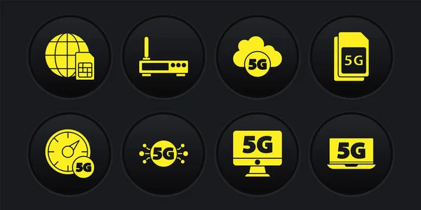 Set Digital speed meter 5G, Sim Card, network, Monitor with, Cloud, Router and wi-fi signal, Laptop and Globe icon. Vector — Stock Vector