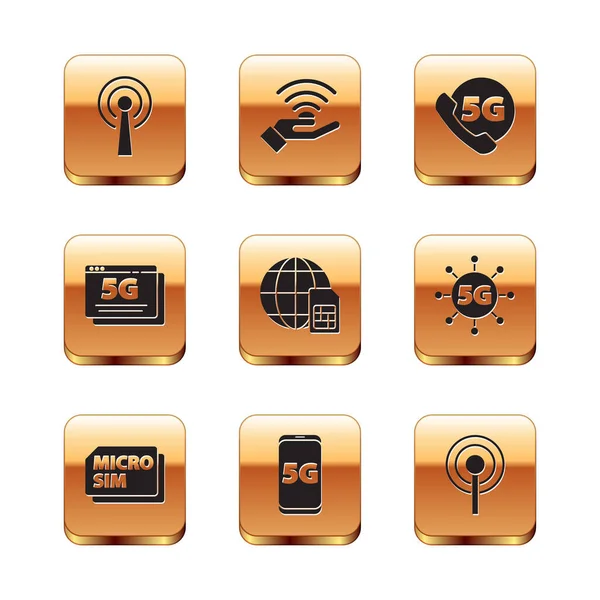 Set Antenne, Micro Sim Card, Mobiel met 5G-netwerk, Globe, Telefoon en pictogram. Vector — Stockvector