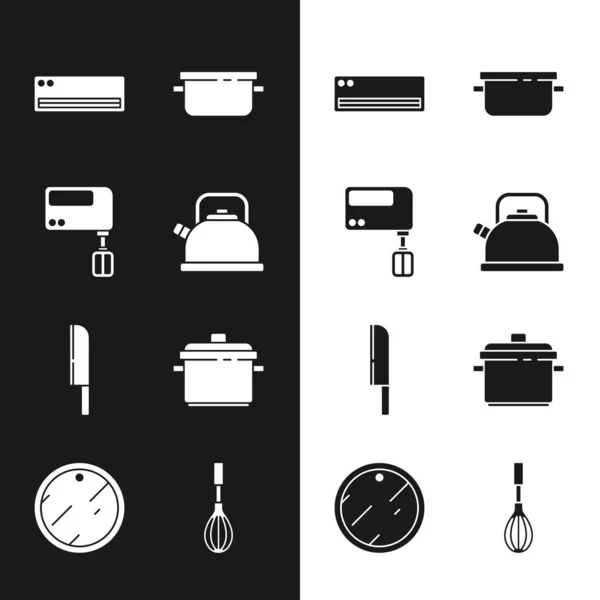 Set Wasserkocher mit Griff, Elektromixer, Klimaanlage, Kochtopf, Messer, Schneebesen und Schneidbrett-Symbol. Vektor — Stockvektor