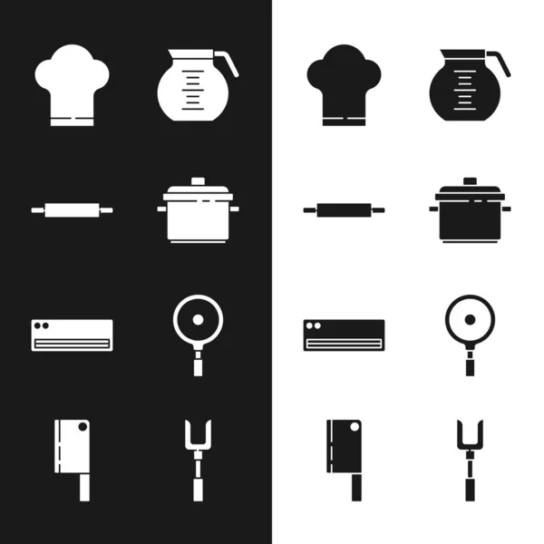 Set főzőedény, sodrófa, Chef kalap, kávé, légkondicionáló, serpenyő, Grill villa és húsdaráló ikon. Vektor — Stock Vector