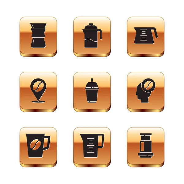 Set Giet over koffiezetapparaat, koffiebeker, kruik glas met water, te gaan, Locatie boon, pot, Aeropress en Frans pictogram. Vector — Stockvector