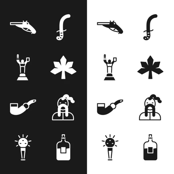 Set Chestnut leaf, Mother Motherland monument, Vintage pistols, Medieval sword, Smoking pipe, Ukrainian cossack, Bottle of vodka and Mace icon. Vector — Stock Vector