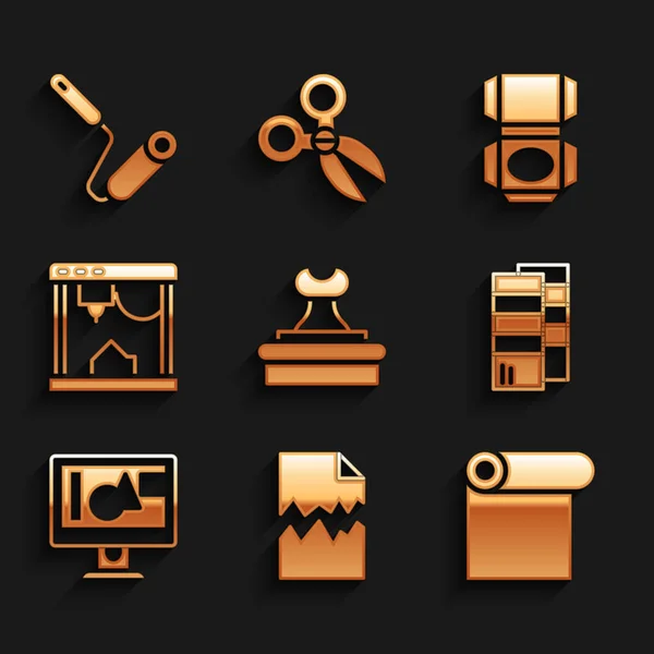 Set Stempel, gescheurd document, Roll of paper, Pantone, Computer monitor scherm, 3D-printer, Kartonnen doos en Paint roller borstel pictogram. Vector — Stockvector