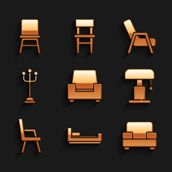Koltuk, yatak, masa lambası, palto standı ve sandalye ikonu. Vektör — Stok Vektör