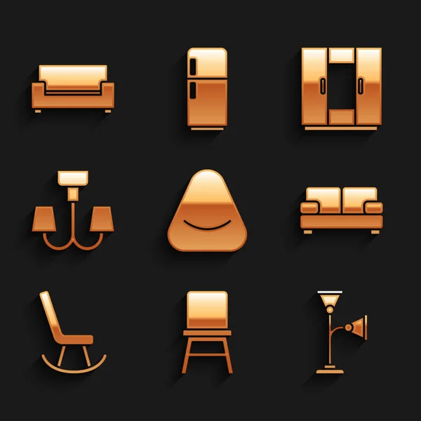 Ställ in Pouf, stol, golvlampa, soffa, fåtölj, ljuskrona, garderob och ikon. Vektor — Stock vektor
