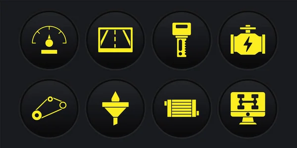 Definir kit de cinto de temporização, Verifique o motor, Funil e gota de óleo, sistema de resfriamento do radiador do carro, chave com remoto, mapa do dispositivo Gps, condição de diagnóstico do carro e ícone do velocímetro. Vetor — Vetor de Stock