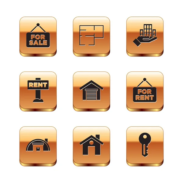 Set Hanging sign with For Sale, Warehouse, House, Garage, Rent, Skyscraper, key and plan icon. Vector — Stock Vector