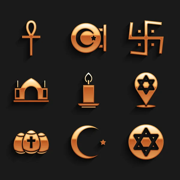 Set Hořící svíčka, Hvězdný půlměsíc, z Davida, Velikonoční vejce, hinduistický duchovní chrám, svastika a Cross ankh ikona. Vektor — Stockový vektor