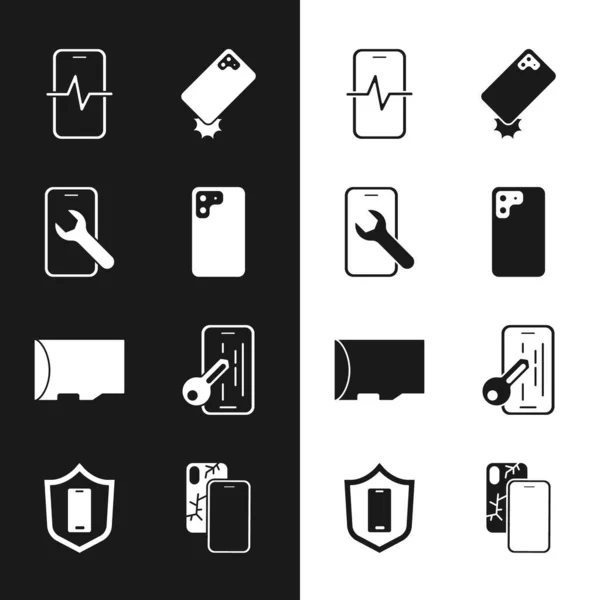 Set Smartphone, Mobilservice, Telefon-Reparatur, Stoßfest, Micro-SD-Speicherkarte, Glas-Displayschutzfolie, mit gebrochenem und Schild-Symbol. Vektor — Stockvektor