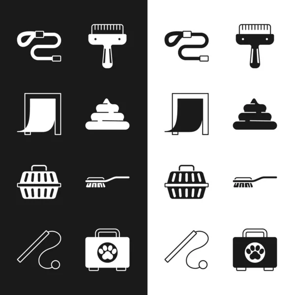 Set Shit, Door for pet, Retractable cord leash, Hair brush dog and cat, Pet carry case, first aid kit and toy icon. Vector — 스톡 벡터