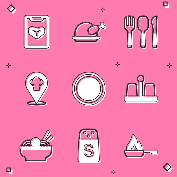Set Restaurant cafe menu, Roasted turkey or chicken, Fork, spoon and knife, Chef hat with location, Plate, Salt pepper, Asian noodles in bowl and icon. Vector — Stock Vector