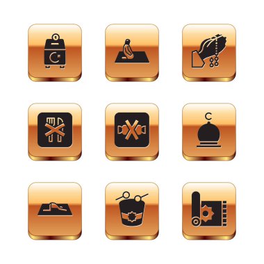 Bağış yapın ya da sadaka verin, Müslüman adam namaz kılar, Ramazan 'da davul çalar, tatlı yok, oruç tutmak yok, dua etmek yok, geleneksel halı ve ikon. Vektör