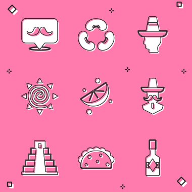 Set Bıyığı, Fasulye, Meksikalı sombrero, Güneş, dilimlenmiş kireç, Maya 'da Chichen Itza ve tortilla ikonlu Taco. Vektör