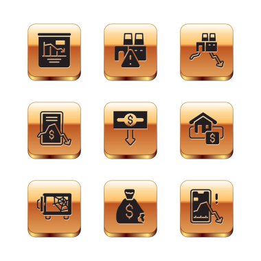 Pasta grafiği bilgisi, kasa, para çantası, dolar oranı düşüşü, mobil hisse senedi ticareti, fabrikanın kapanması ve simge. Vektör