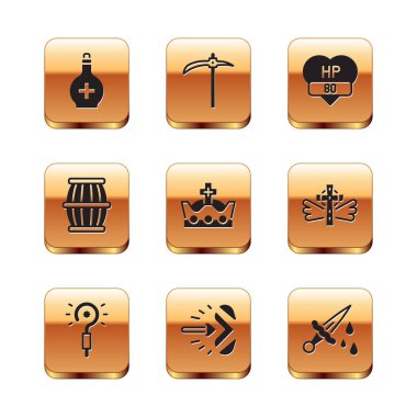 Şişeyi iksirle, sihirli değnekle, okla, kral tacıyla, barut fıçısıyla, video oyunuyla, kılıç kanıyla ve kazma ikonuyla ayarla. Vektör