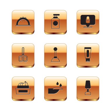 Manikür lambası, bir şişe oje, manikür, makas için değirmen makası ve metro el kremi ikonu. Vektör