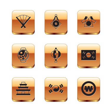 Geleneksel hayran seti, Kore tapınağı, Güney bayrağı, fener, Ramen, Kimono, madeni para ve ikon kazandı. Vektör