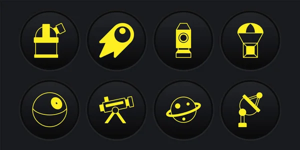 Set Planeet, Box vliegen op parachute, Telescoop, Saturnus, Raketschip, Komeet vallen snel naar beneden, Satellietschotel en astronomisch observatorium icoon. Vector — Stockvector