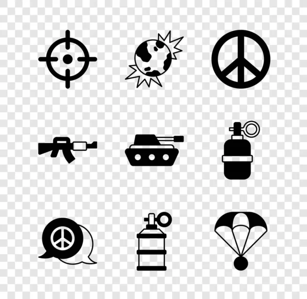 Definir esporte alvo, bomba explosiva planeta terra, Paz, granada de fumaça de mão, Paraquedas, rifle M16A1 e ícone tanque militar. Vetor — Vetor de Stock