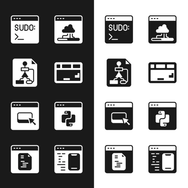 Stel Toetsenbord, Flowchart, Code terminal, Cloud-technologie data-overdracht, Browser-bestanden, Python programmeertaal, Software en pictogram. Vector — Stockvector