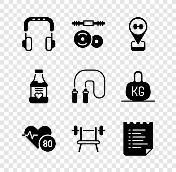 Set Headphones, Barbell, Location gym, Heart rate, Bench with barbell, Sport training program, Vitamins and Jump rope icon. Vector