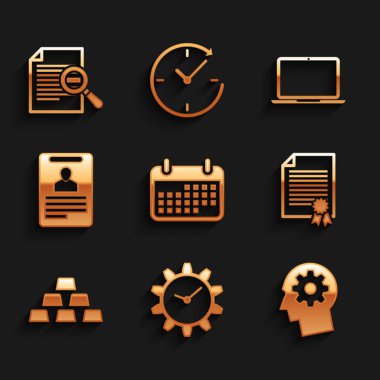 Takvimi Ayarla, Zaman Yönetimi, içinde ekipman olan insan kafası, sertifika şablonu, altın çubuklar ve kimlik rozeti simgesi. Vektör