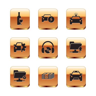 Şarap şişesini cam, FTP ayarları klasörü, kağıt para dolar nakit, kulaklık, CD veya DVD, araba servisi ve polis arabası teşhircisi ikonu ile ayarla. Vektör