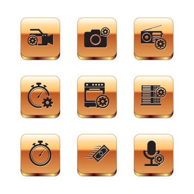Kamera ayarları, Kronometre, Hızlı Ödemeler, Fırın, Zaman Yönetimi ve Radyo ikonu. Vektör