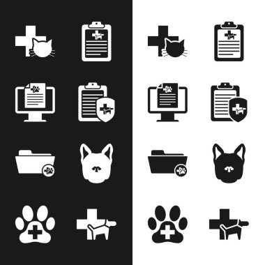 Klinik kayıt evcil hayvanı, monitörde, veteriner kliniğinde, tıbbi veteriner dosyasında ve köpek ikonunda. Vektör