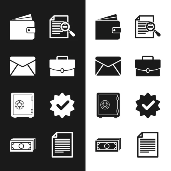 Définir la mallette, l'enveloppe, le portefeuille, le document avec recherche, sûr et approuvé et cocher l'icône. Vecteur — Image vectorielle