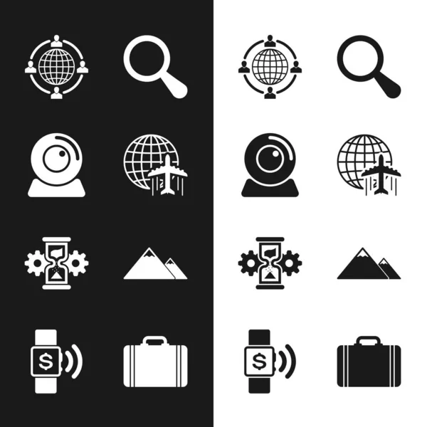Set Globe with flying plane, Web camera, Outsourcing concept, Magnifying glass, Hourglass and gear and Mountains icon. Vector — Stockvector