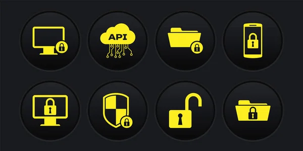 Set Lock on monitor, Smartphone with lock, Shield security, Open padlock, Folder and and Cloud api interface icon. Vector — Stockvector