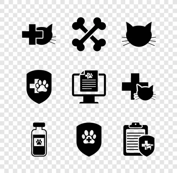 Set Veterinary clinic, Crossed bones, Cat, Pets vial medical, Animal health insurance and Clinical record pet icon. Vector — Stockvector
