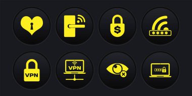 Lock VPN, Wifi kilitlendi, Bilgisayar ağı, Görünmez gizlenme, Kablosuz simgesi ile Para ve Dijital kapı ayarlayın. Vektör