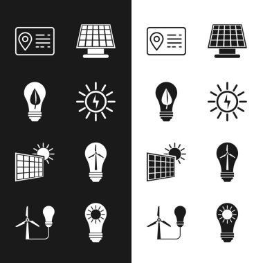 Güneş enerjisi panelini, yapraklı ampulü, adres defterini, güneşi, rüzgar türbini ve ikonu ayarla. Vektör