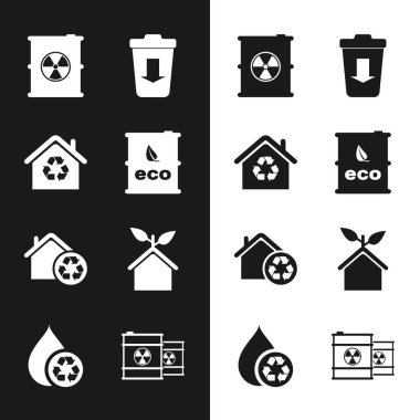 Biyolojik yakıt varilini, geri dönüşümlü Eco House 'u, radyoaktif atığı çöpe, dost eve gönder ve temiz su ikonunu geri dönüştür. Vektör