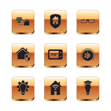 House 'u güneş paneli, ampul ve teçhizat, Smart Home Wi-Fi, Termostat, koruma, gözlük, mezuniyet şapkası ve ikonu ile donatın. Vektör