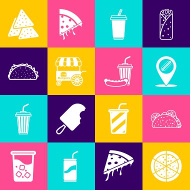 Pizza, tortilla, sosisli sandviç, cam su, Fast Street yemek arabası, Nachos ve Soda ve ikon. Vektör