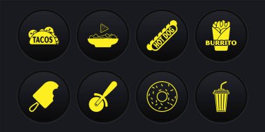 Dondurma, Burrito, Pizza bıçağı, Donut, Hotdog sandviçi, Nacho tabağı, Sulu bardak ve Taco tortilla ikonu. Vektör