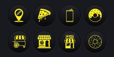 Fast street food seti, Donut, Pizzeria bina cephesi, alüminyum kutu, pizza dilimi ve sosisli ikonlu konum. Vektör