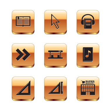 Açık Kitap, Üçgen cetvel, Gaz dolum istasyonu, Ok, Ses, Süpermarket binası ve Piksel ok imleç simgesini ayarla. Vektör