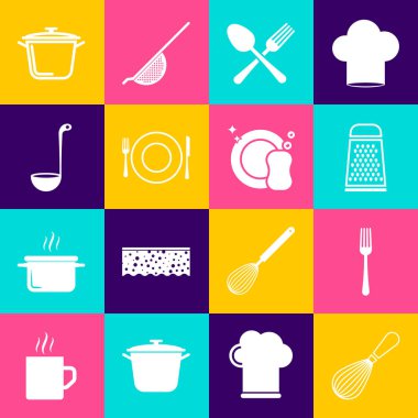 Mutfak çırpıcı, çatal, rende, çapraz çatal ve kaşık, tabak, bıçak, kepçe, tencere ve bulaşık ikonu hazırla. Vektör